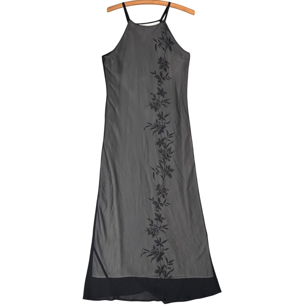 Vntg Express Floral Maxi Dress Black Gray Sheer‎ Mesh Overlay Halter Fits S Y2K